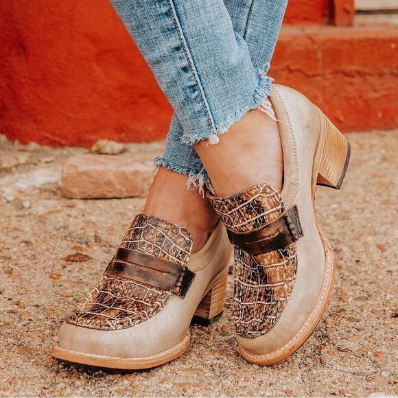 FREEBIRD by STEVEN 'Chevelle' Tan/Gray Snake Print Leather Block Heel Loafers